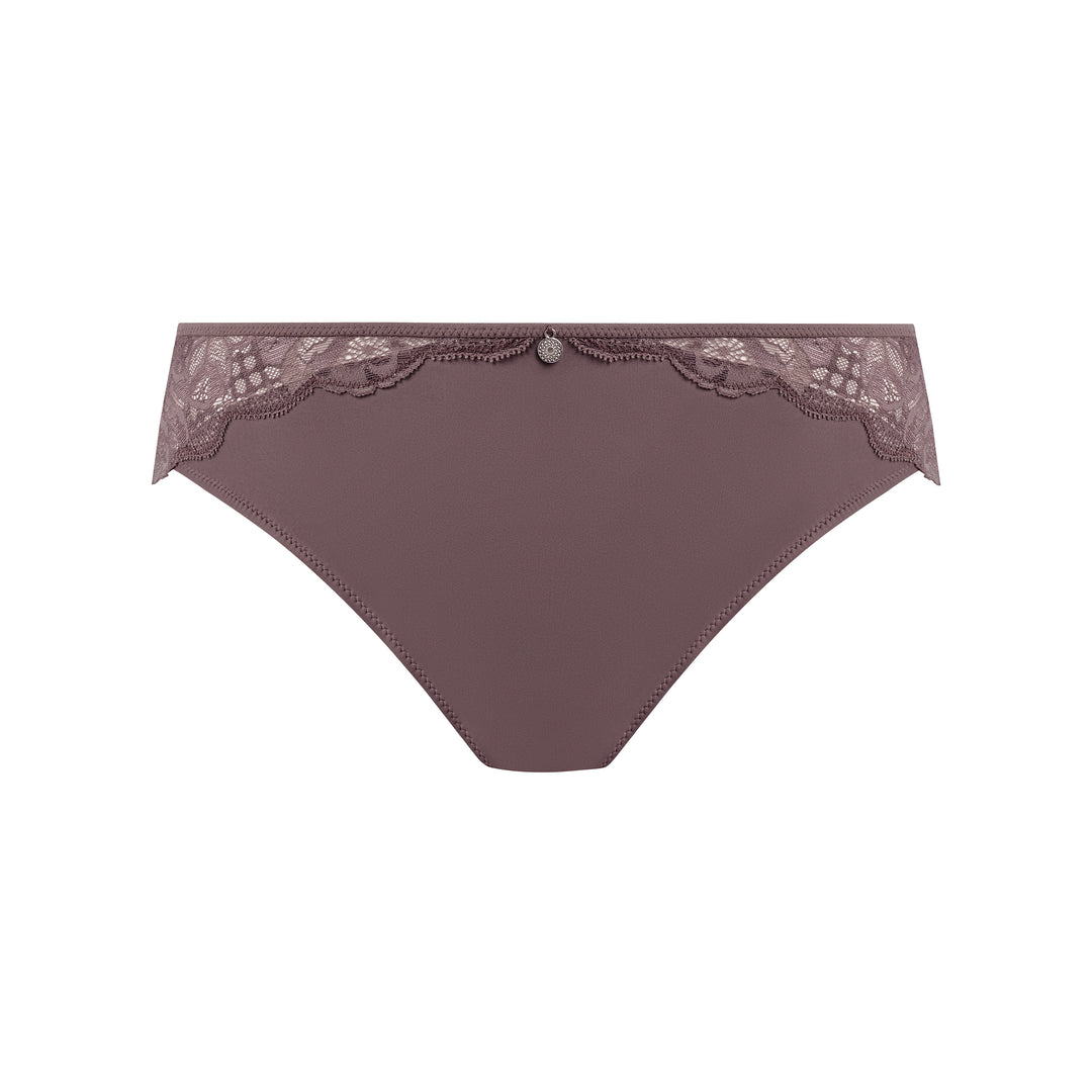 Brown lace-trimmed underwear on a white background