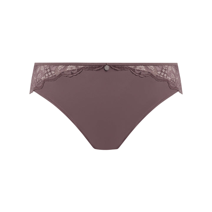 Brown lace-trimmed underwear on a white background