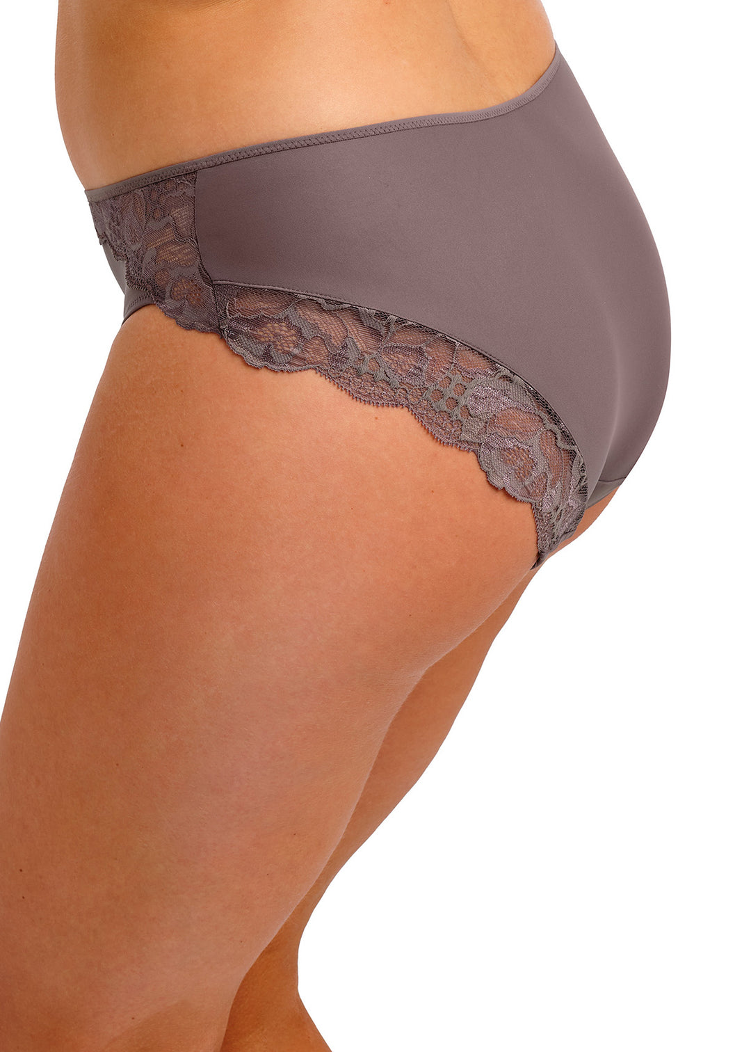 Brown lace-trimmed underwear on a white background