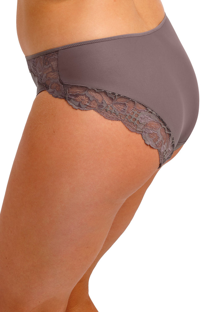 Brown lace-trimmed underwear on a white background