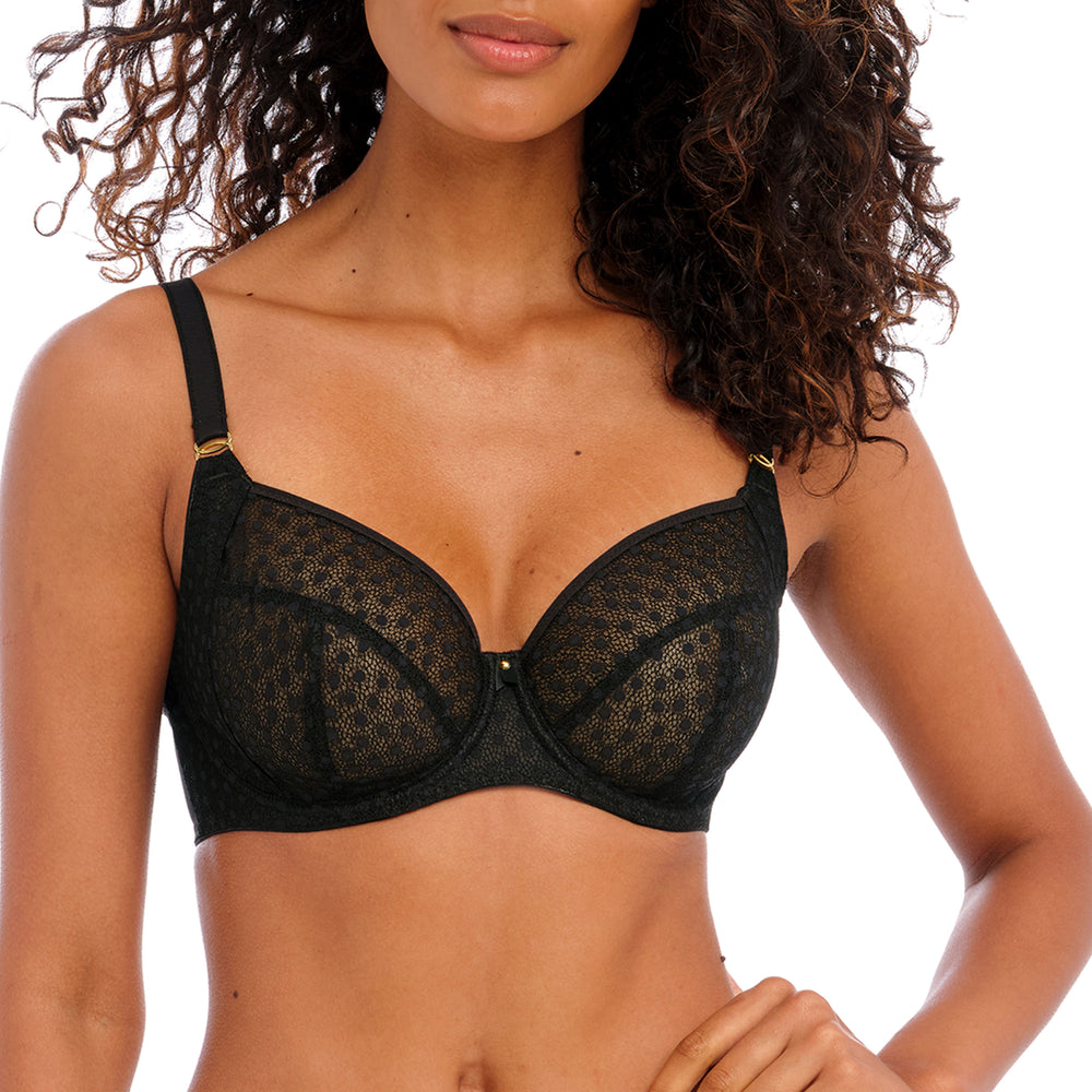 Freya full bust Black lace bra worn by a model on a white background