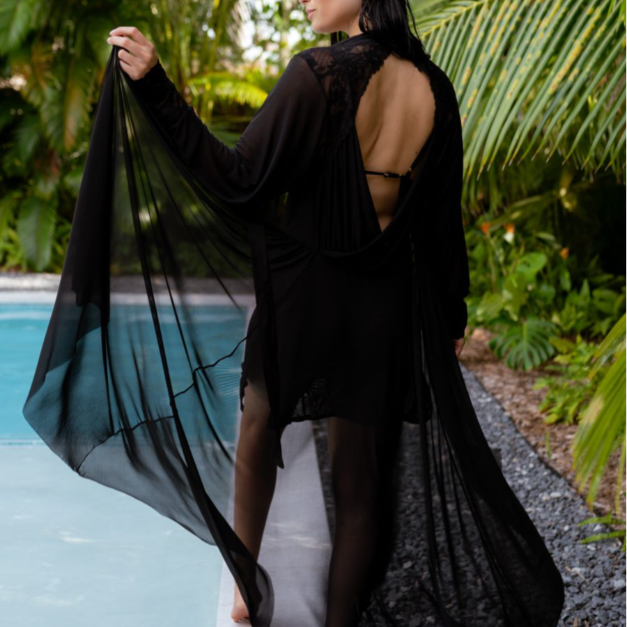 Sheer Terminator Lace, Tulle and Satin Long Draped Back Robe