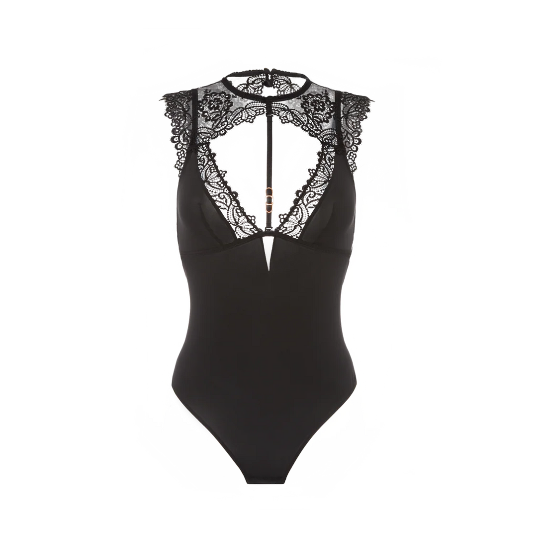Black couture bodysuit with lace detailing on a white background