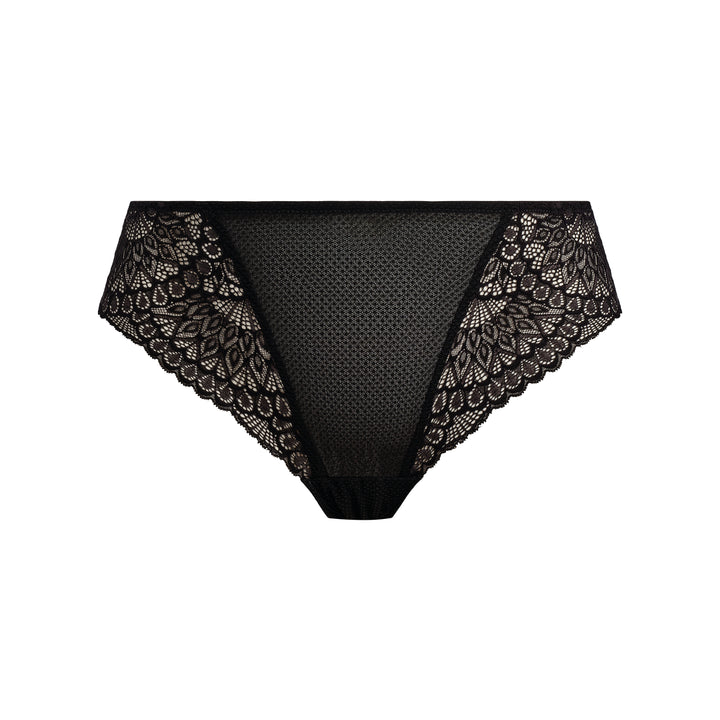 Black lace underwear on a white background