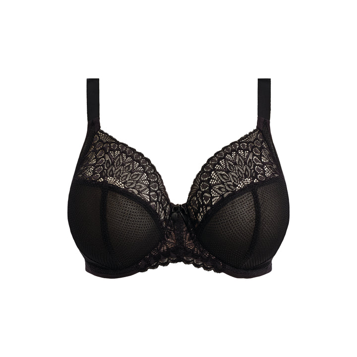 Black bra with lace detailing on a white background