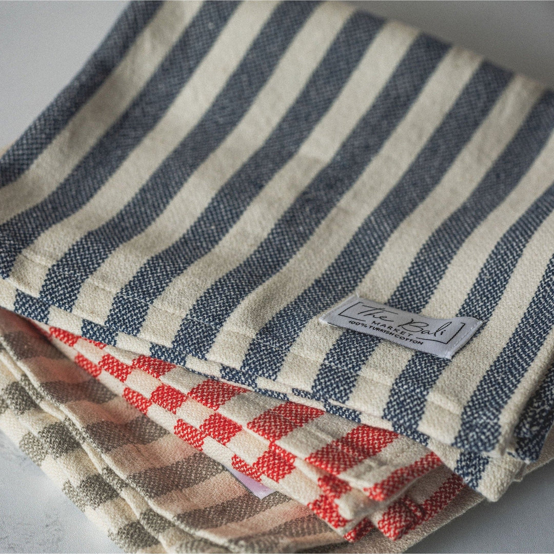 Vertical Stripe Turkish Hand/Tea Towel Set | Red - Taupe - Navy - No Fringe