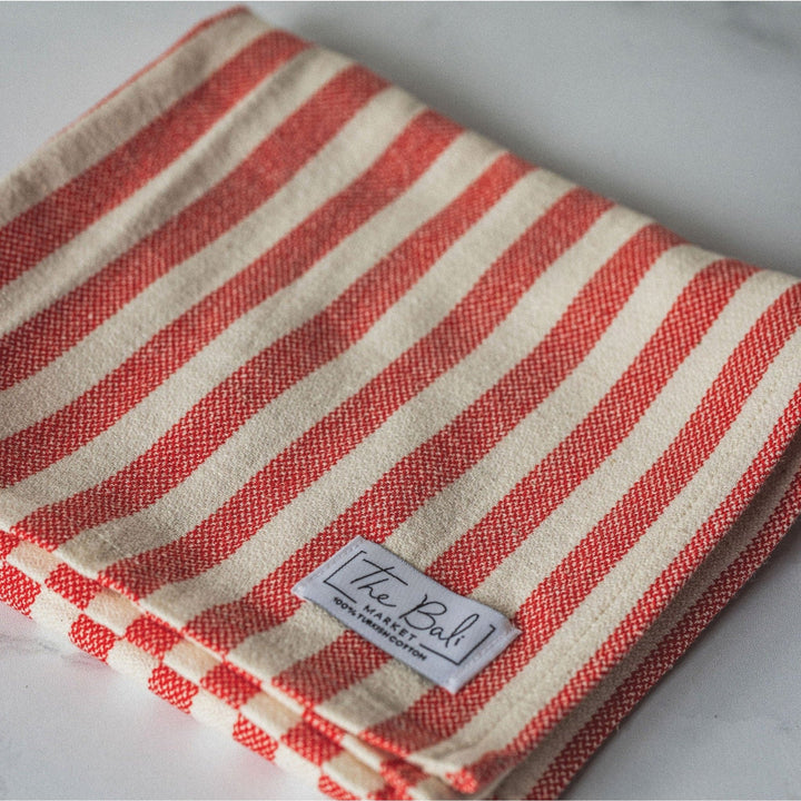 Vertical Stripe Turkish Hand/Tea Towel Set | Red - Taupe - Navy - No Fringe