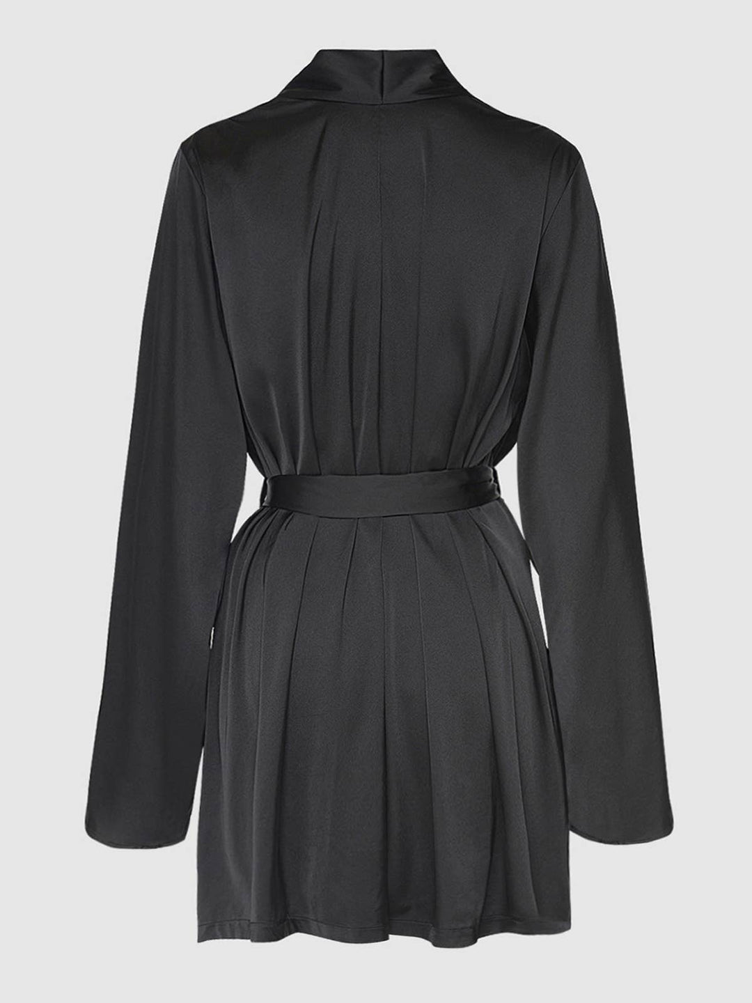 Black simulated silk short robe with long sleeves on a light gray background