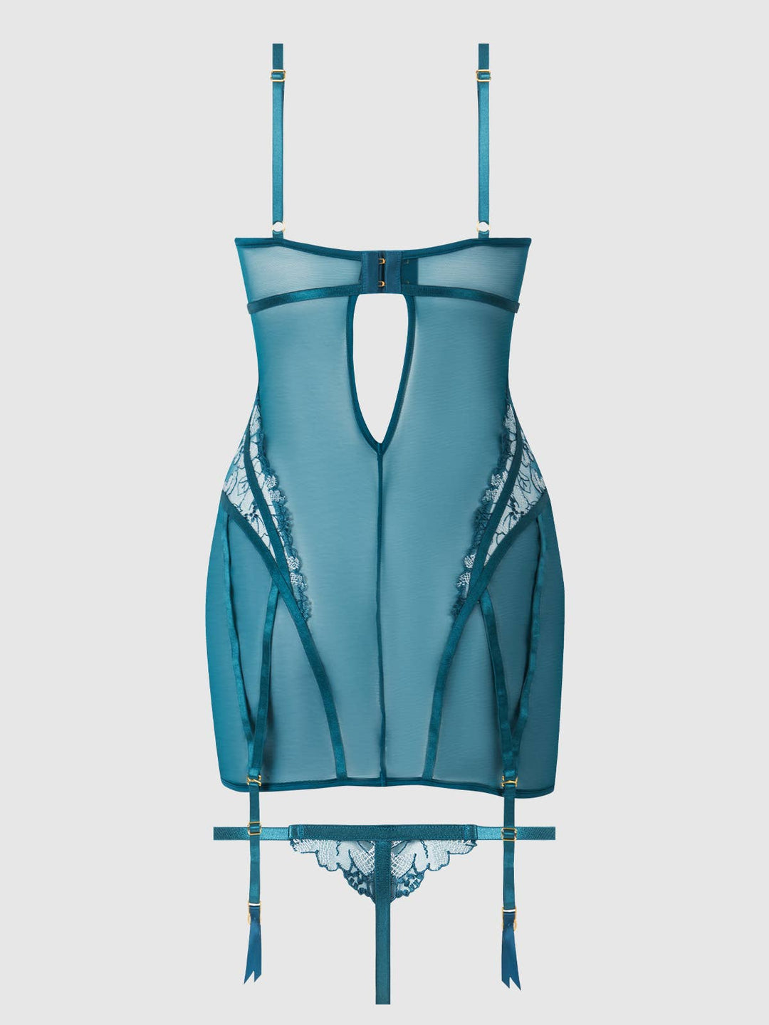 Teal lingerie set with lace details on a light gray background