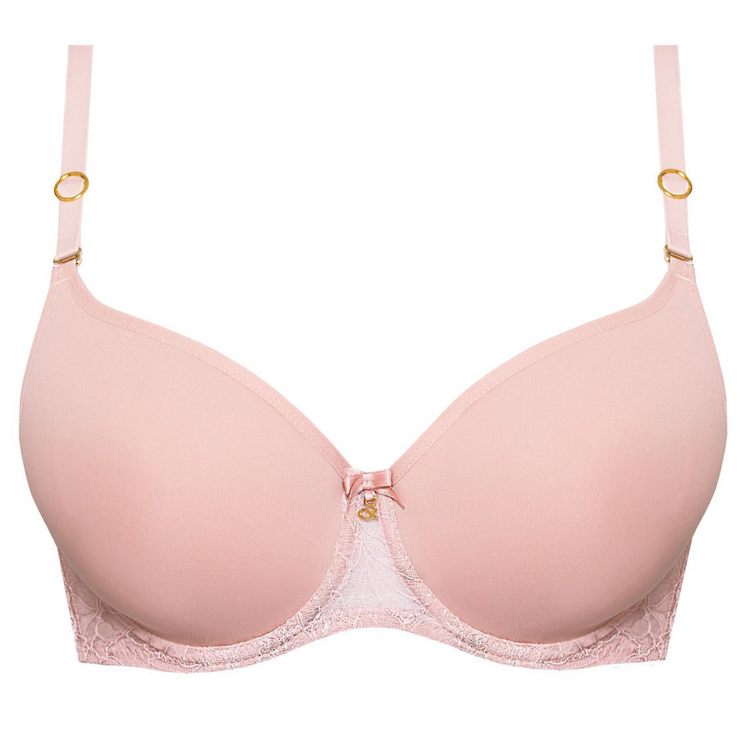 Pink polish full bust t-shirt bra with lace details on a white background