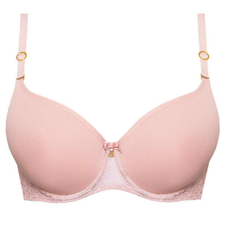 Pink polish full bust t-shirt bra with lace details on a white background