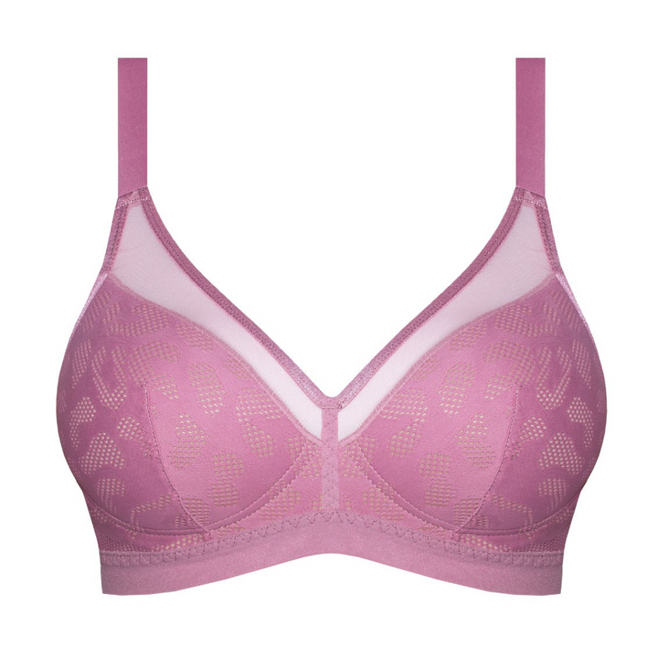 Pink bra with mesh details on a white background
