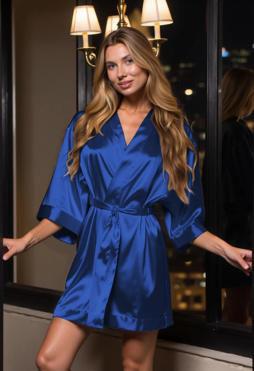 Woman wearing a blue satin robe in a dimly lit room.