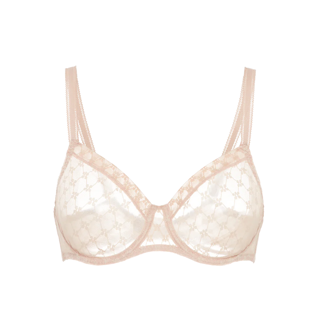 Beige lace bra on a white background