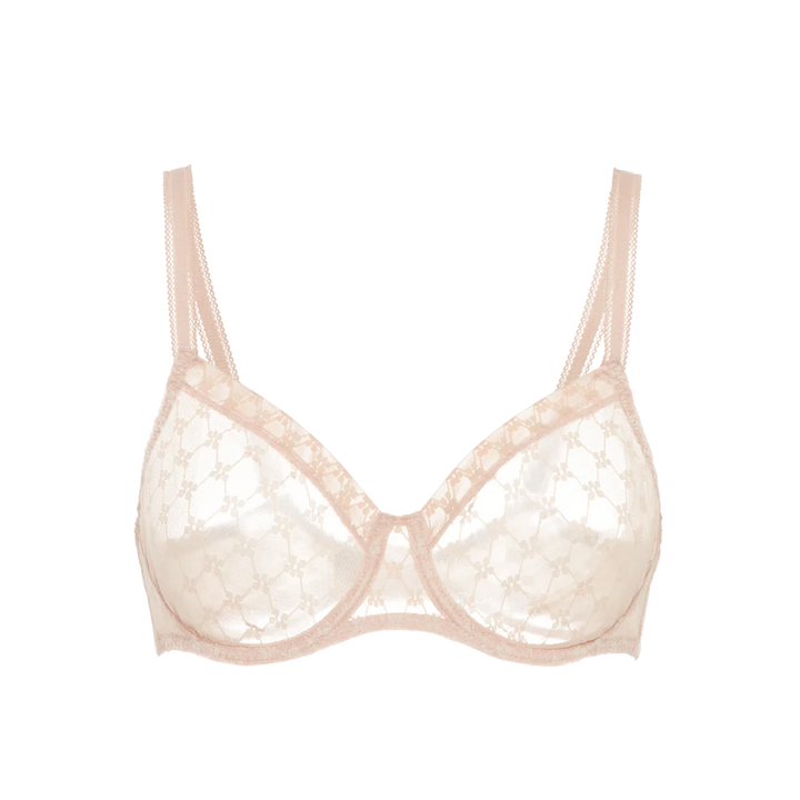 Beige lace bra on a white background