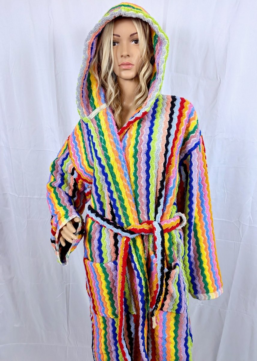 Limited Edition Rainbow Ripple – Colorful Turkish Cotton Robe with Zigzag Design