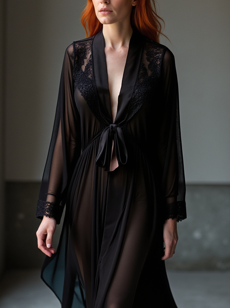 Sheer Terminator Lace, Tulle and Satin Long Draped Back Robe