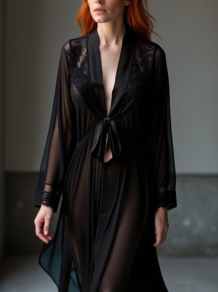 Sheer Terminator Lace, Tulle and Satin Long Draped Back Robe