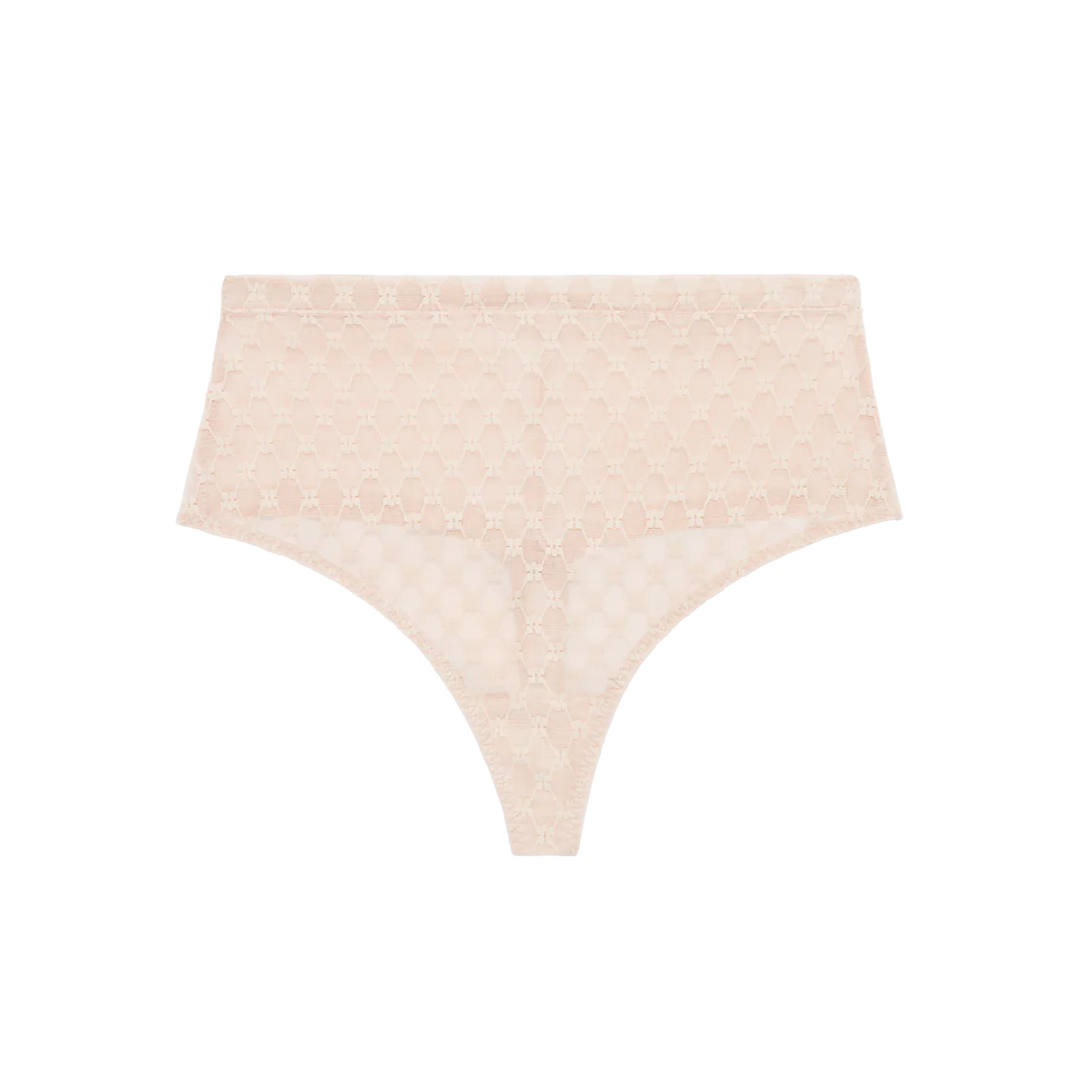 Beige high-waisted bikini bottom on a white background