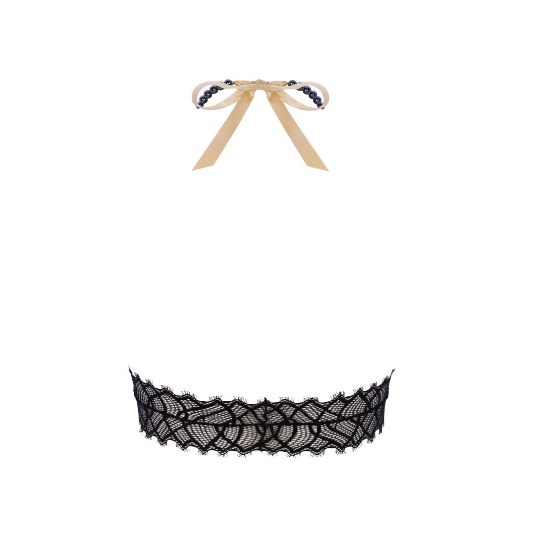 Black lace choker with a beige ribbon on a white background