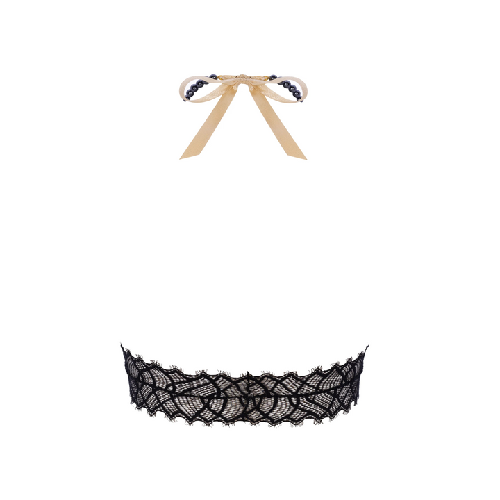Black lace choker with a beige ribbon on a white background
