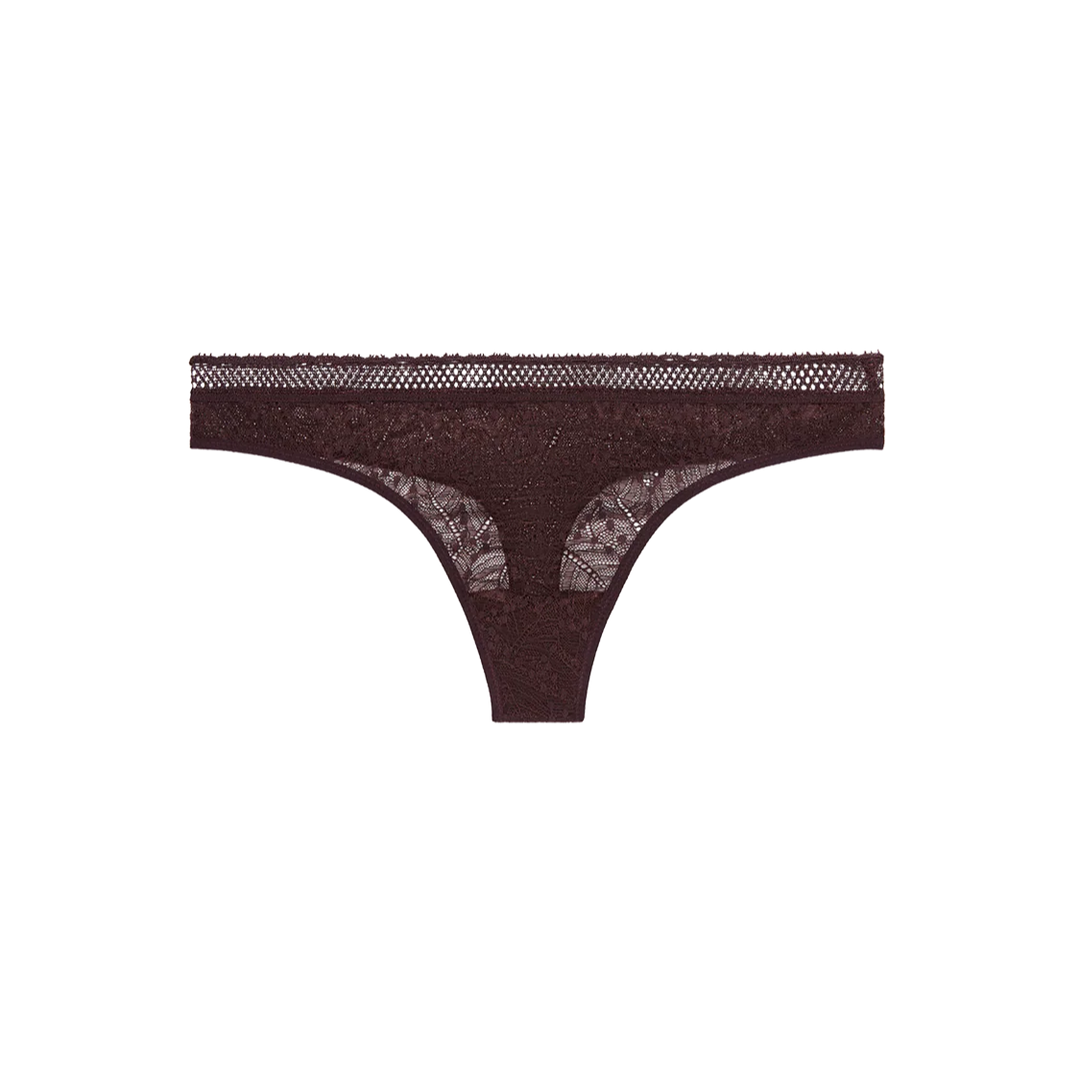 Brown thong with lace detailing on a white background
