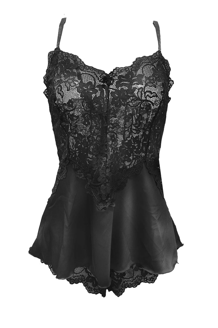 Black lace camisole with satin skirt on a white background