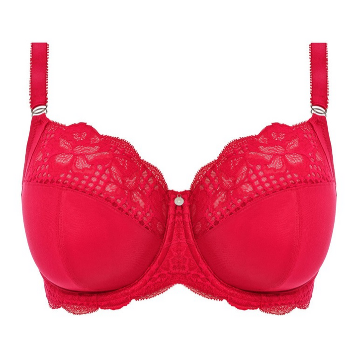 Red bra with lace details on a white background