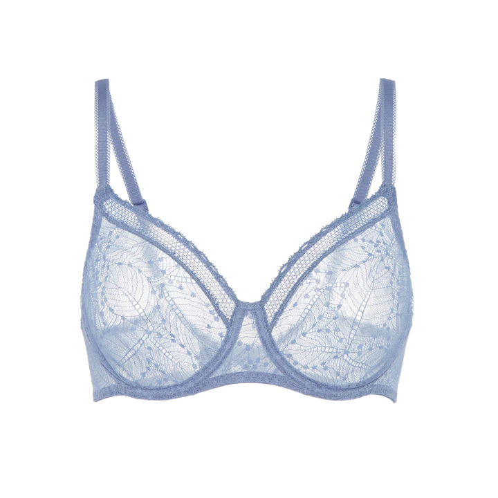 Blue lace bra on a white background