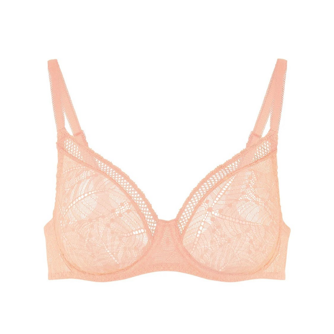 Peach-colored bra with lace detailing on a white background