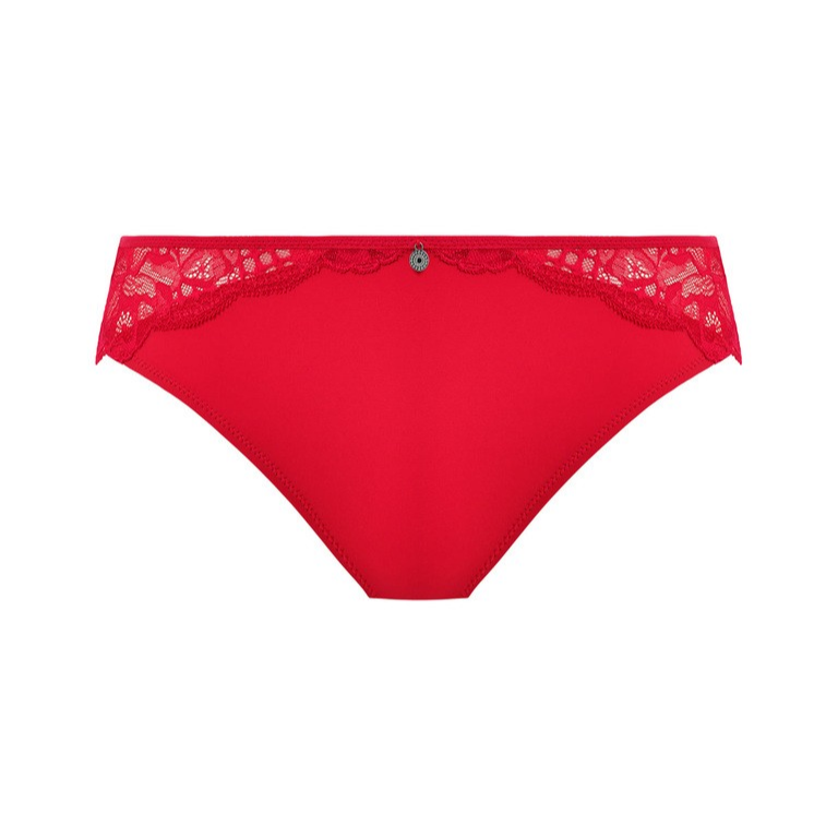 Red women's underwear with lace trim on a white background