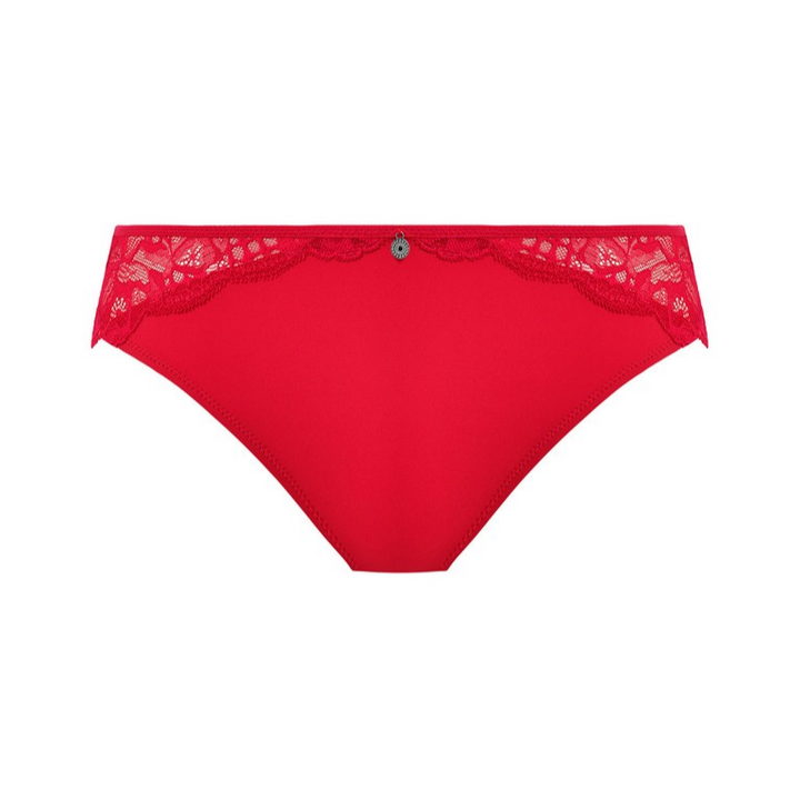 Red women's underwear with lace trim on a white background