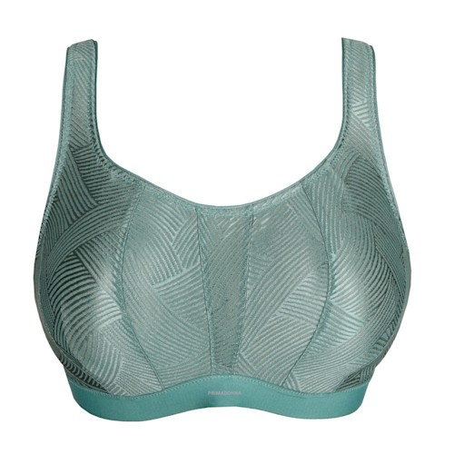Teal sports bra with geometric pattern on a white background