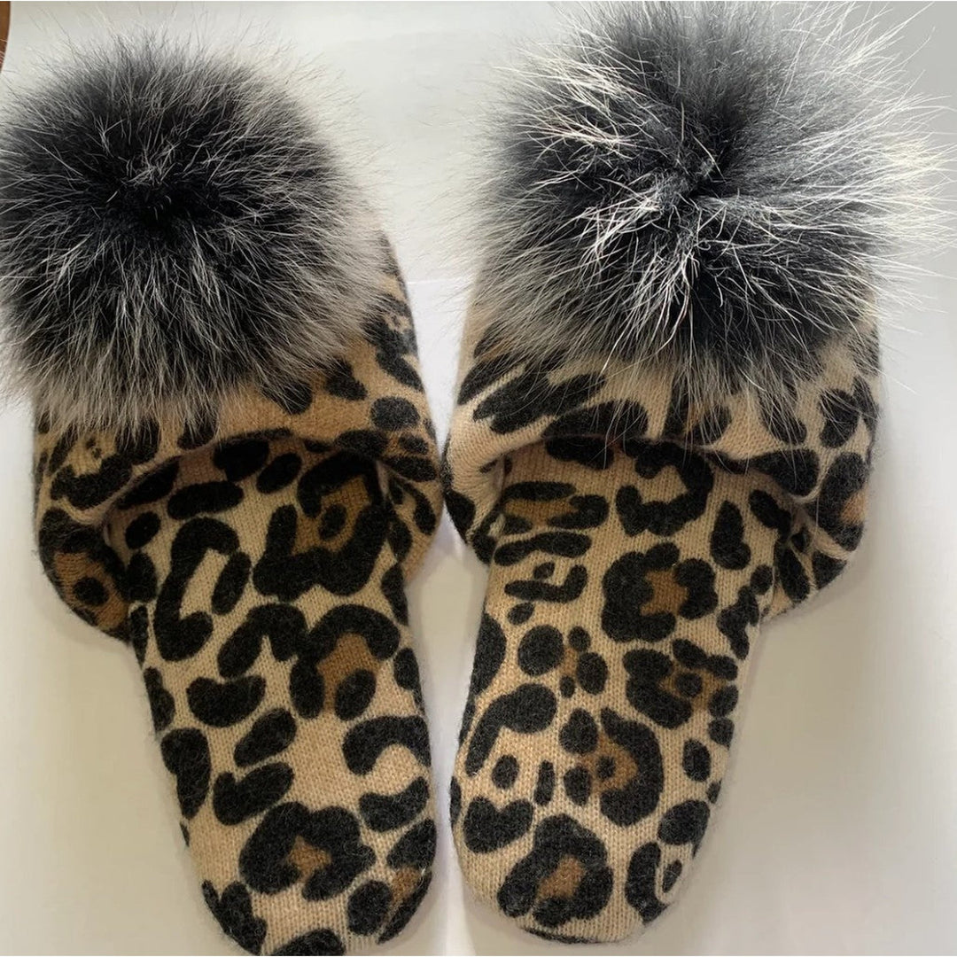 Arlotta Cashmere Foxy Slide Slipper with Leopard Print and Fur Pom