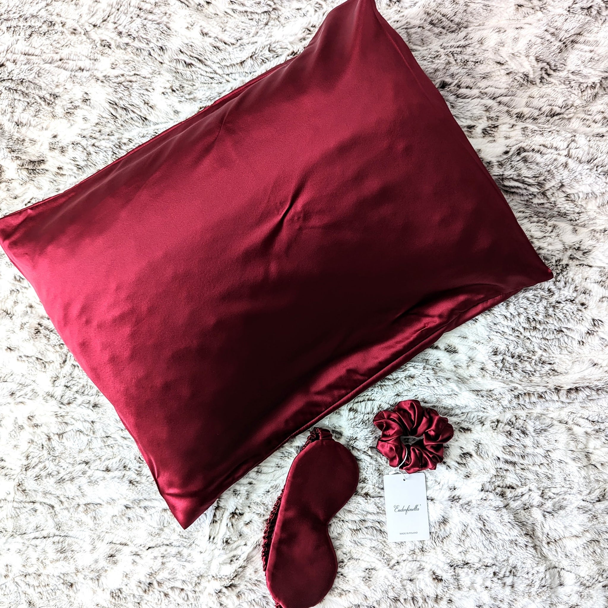 Endorfinella Burgundy Silk Slumber Set with Pillowcase, Eye Mask, and Scrunchie