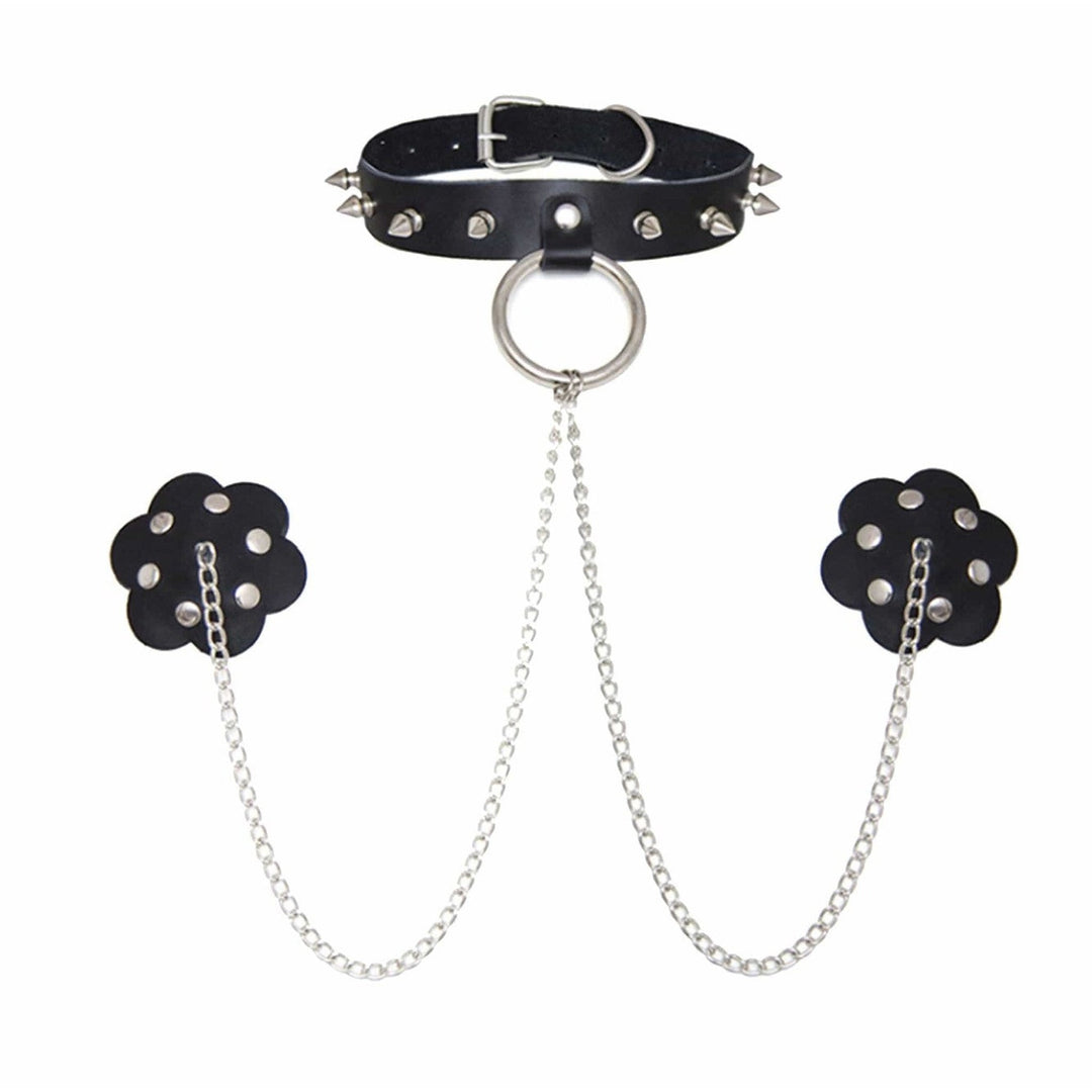 NevaNude Leather Choker with Chain and Reusable Silicone Nipple Cover Pasties