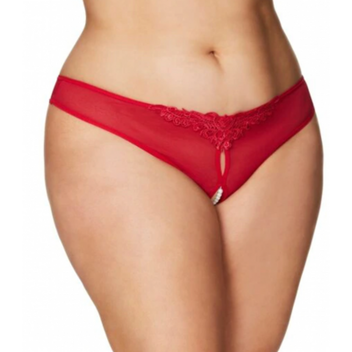 The Perky Lady Pearl Thong in Curvy Red with Lace Detail